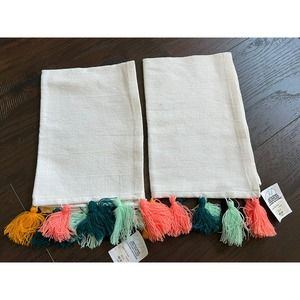 Lot of 2 TASSEL WHITE LINEN MINT CORAL ORANGE TEAL KITCHEN Tea TOWEL NWT